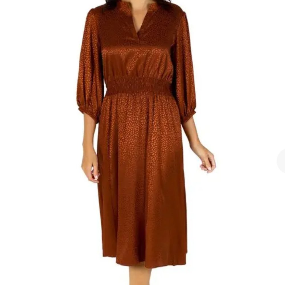 Sandra Darren Long Sleeve Satin Jacquard Midi Dress